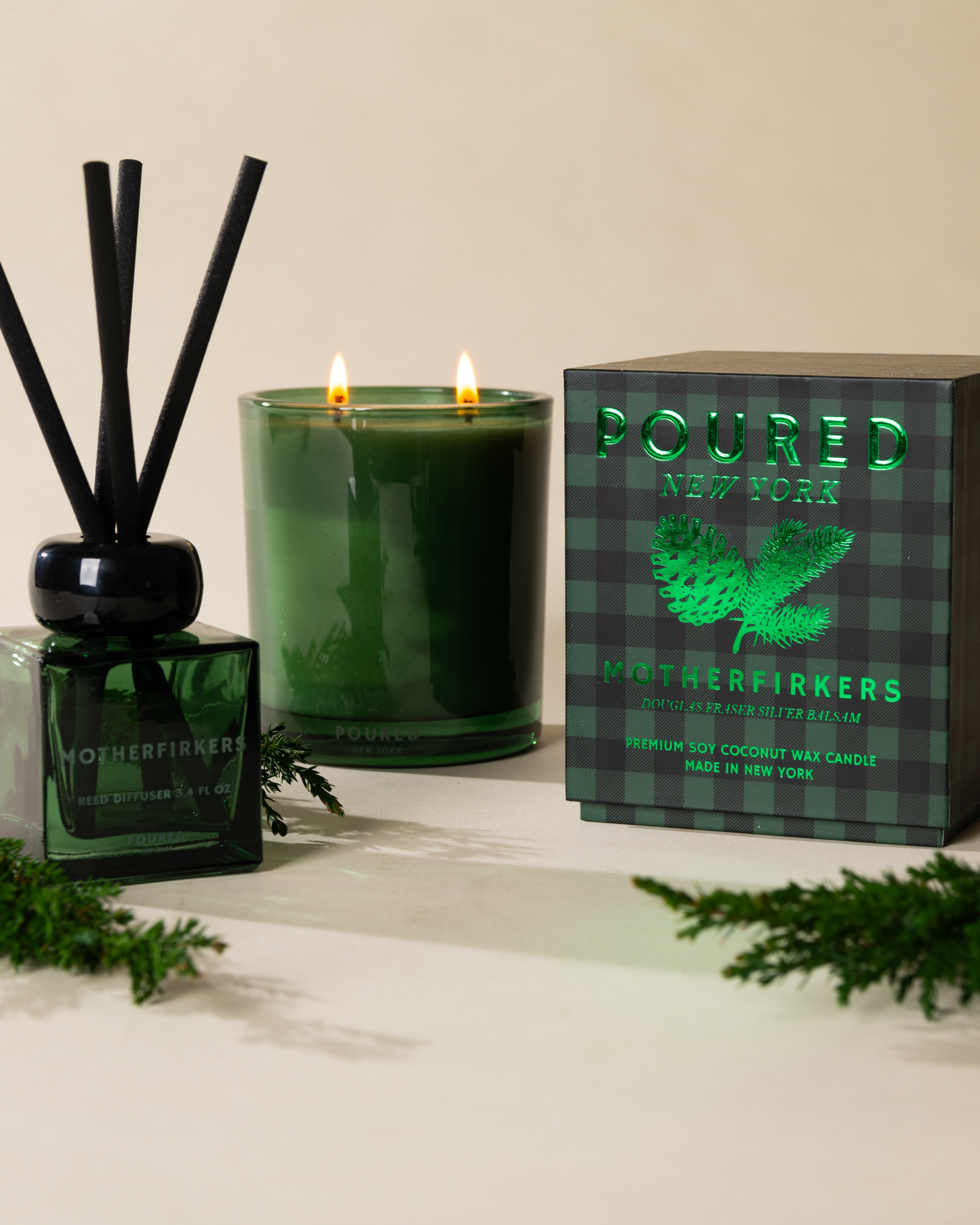 Poured New York 'Motherfirkers' candle styled in a lifestyle scene