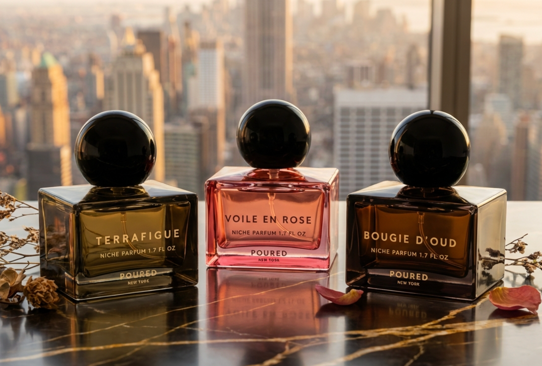 Three perfume bottles by Poured New York with spherical black caps on a reflective surface with a cityscape background.