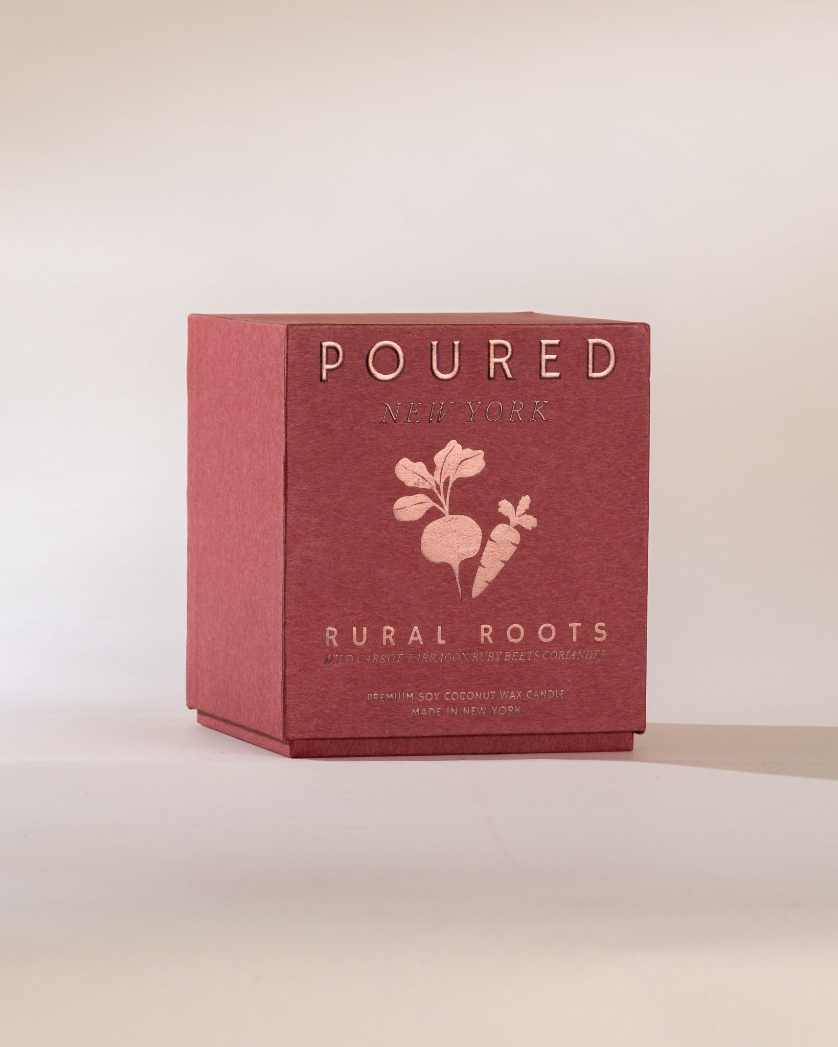 Poured New York 'Rural Roots' box with a beet and carrot icon on a neutral background.