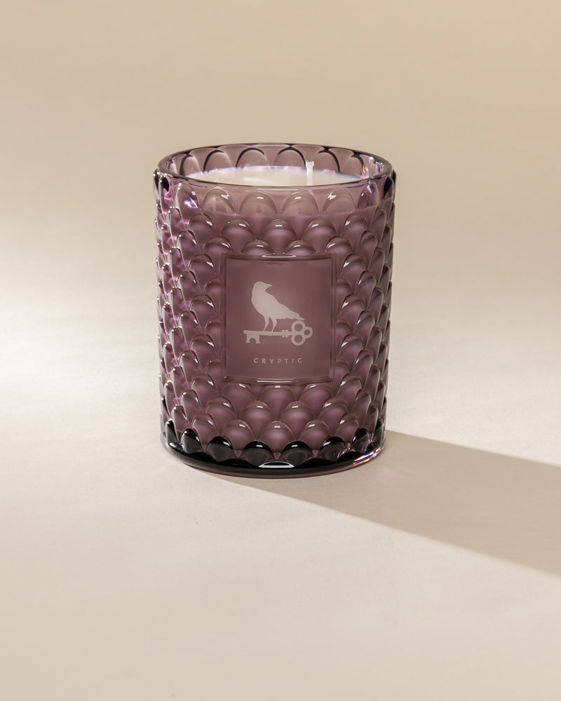 Poured New York 'Cryptic' 22 oz purple glass vintage etched double wick candle on a neutral background