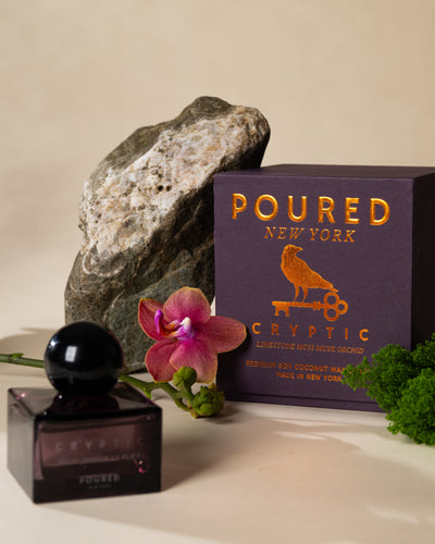 Poured New York 'Cryptic' candle styled in a lifestyle scene