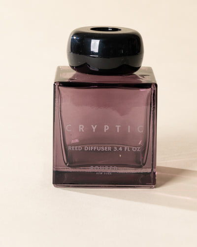 Poured New York 'Cryptic' 3.4 fl oz reed diffuser in a purple glass vessel on a neutral background