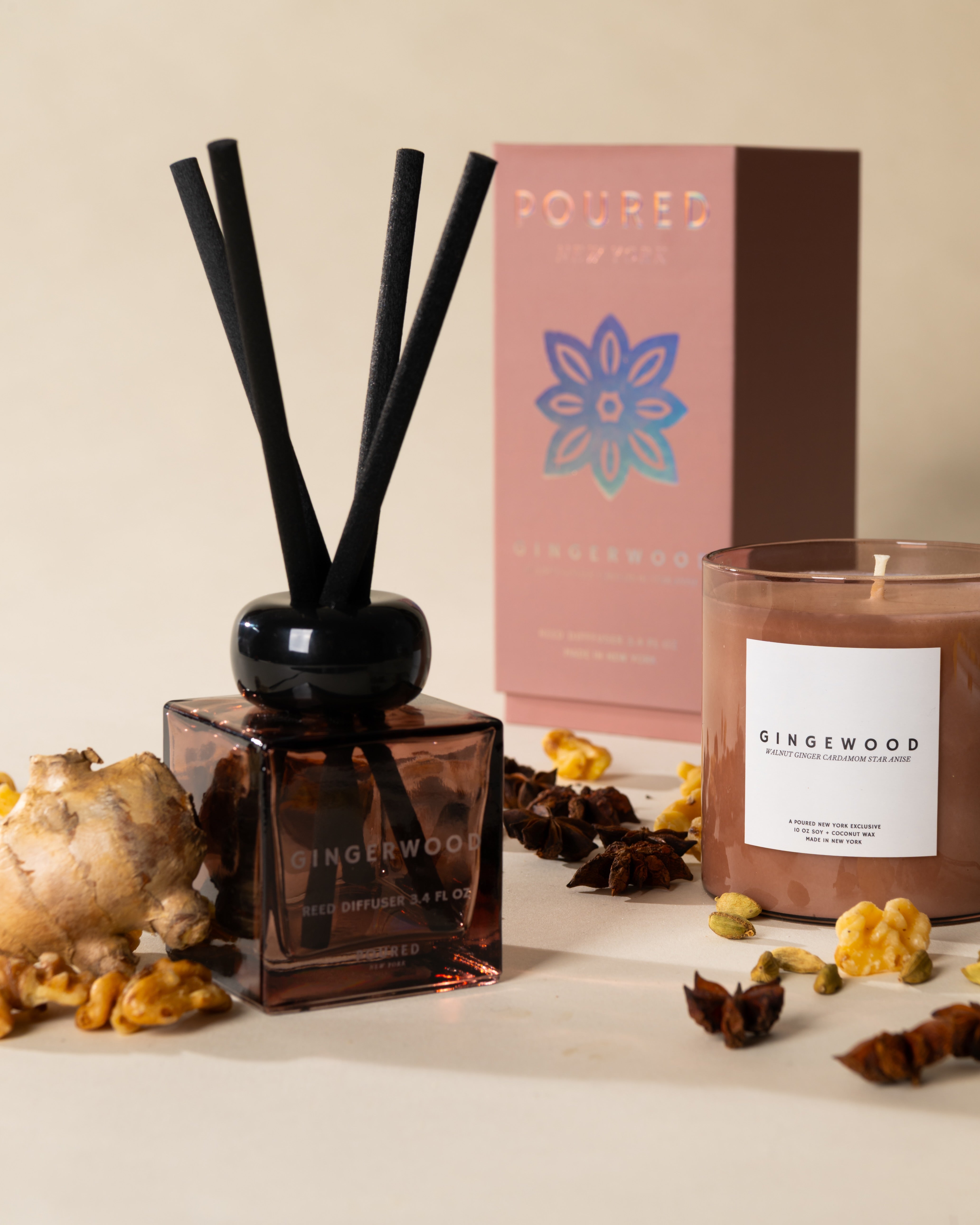 Poured New York 'Gingerwood' candle styled in a lifestyle scene