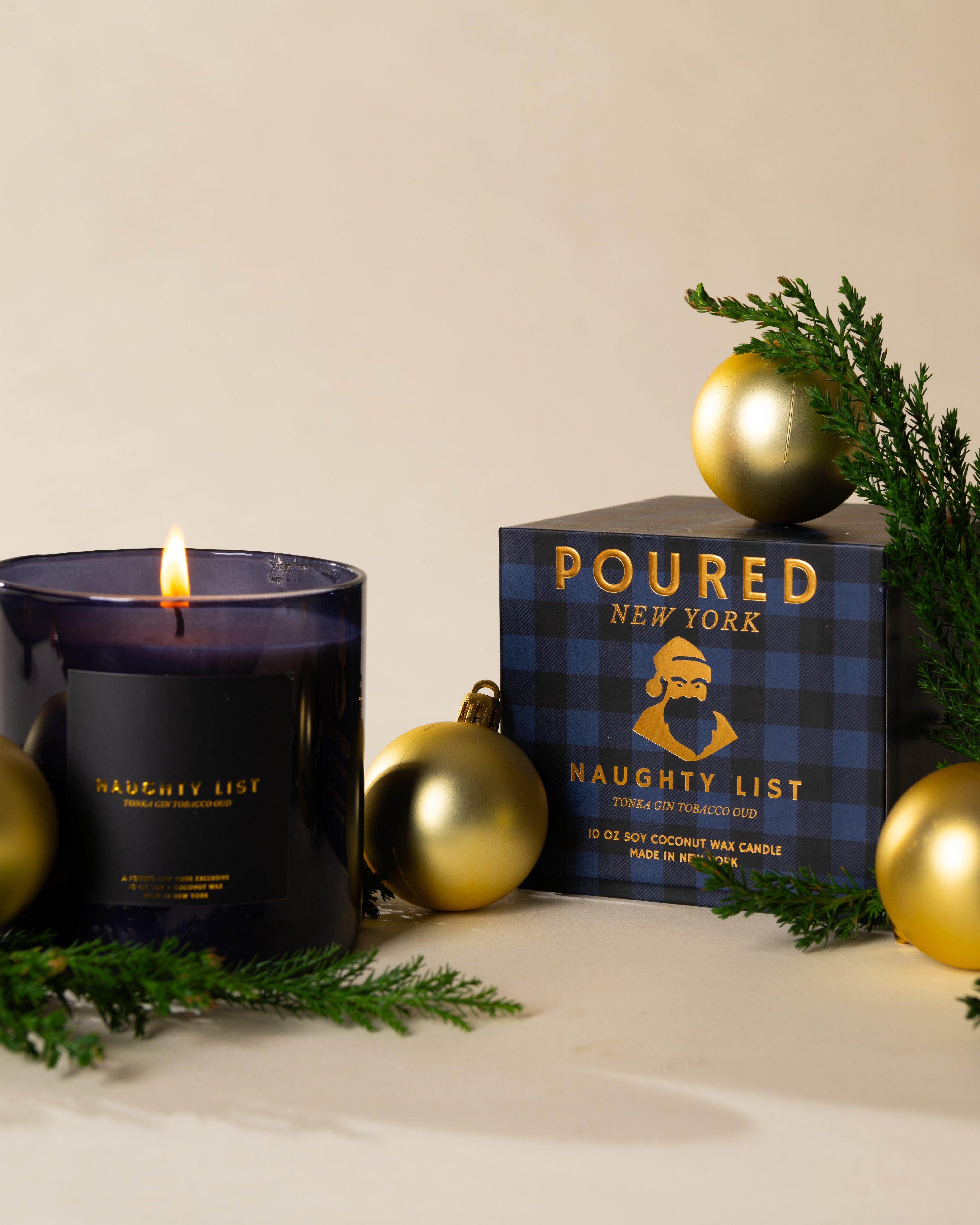 Poured New York 'Naughty List' candle styled in a lifestyle scene