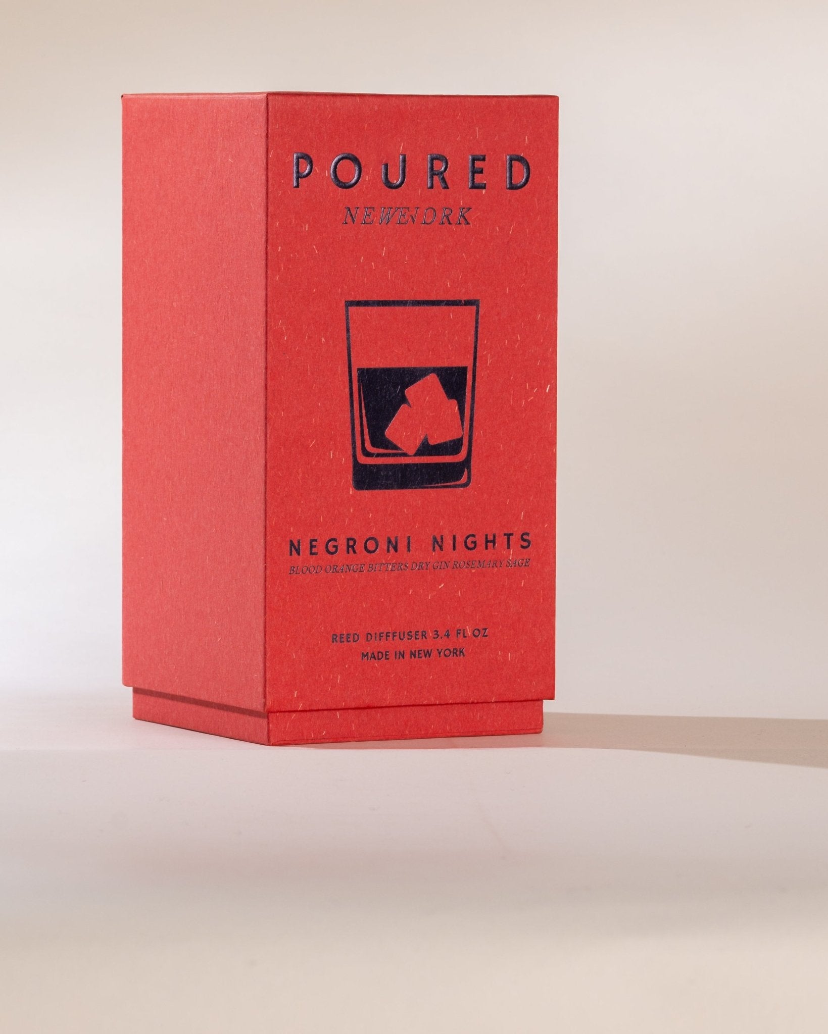Red box labeled 'Poured New York Negroni Nights' with. anegroni glass decal on a beige background