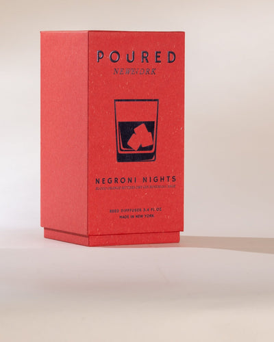 Red box labeled 'Poured New York Negroni Nights' with. anegroni glass decal on a beige background