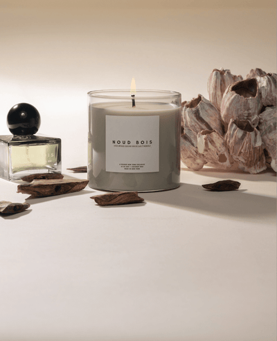 Candle labeled 'Noud Bois' with a oud and rocksalt arrangement and perfume bottle on a neutral background