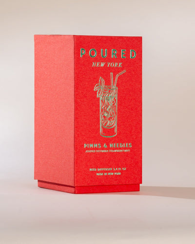 Red box with 'POURED NEW YORK' branding and a cocktail illustration on a beige background