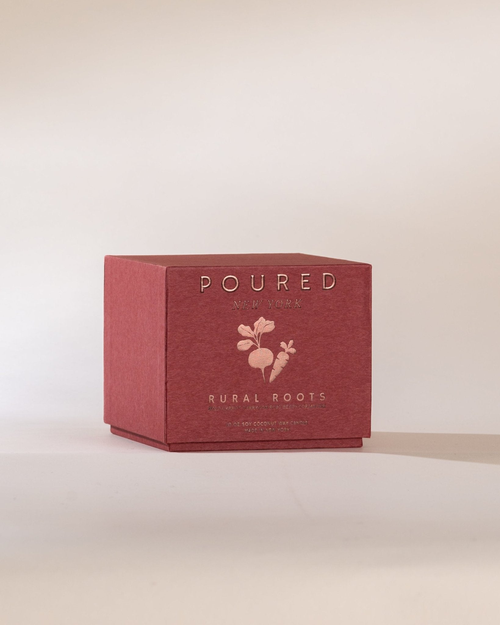 Red box with 'POURED' and 'Rural Roots' branding on a light beige background