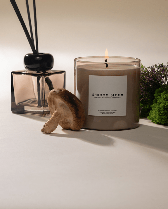 Candle labeled 'Shroom Bloom' with a diffuser and decorative mushroom and violet florals on a neutral background