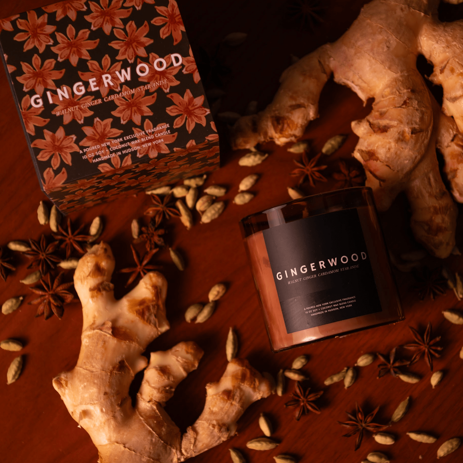 GINGERWOOD - Candle - Moody Lifestyle Shot - Poured New York