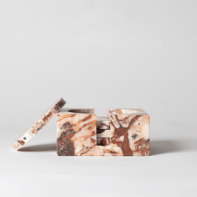 Red Brick Marble Square Coaster Set that comes with four matching red brick marble coasters on a neutral background.