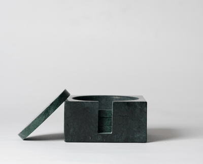 Moss Green Marble Square Coaster Set that comes with four matching moss green marble coasters on a neutral background.