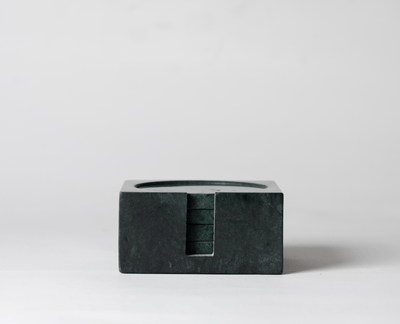 Moss Green Marble Square Coaster Set that comes with four matching moss green marble coasters on a neutral background.