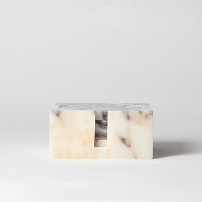 Purple and Cream Marble Square Coaster Set that comes with four matching marble coasters on a neutral background.